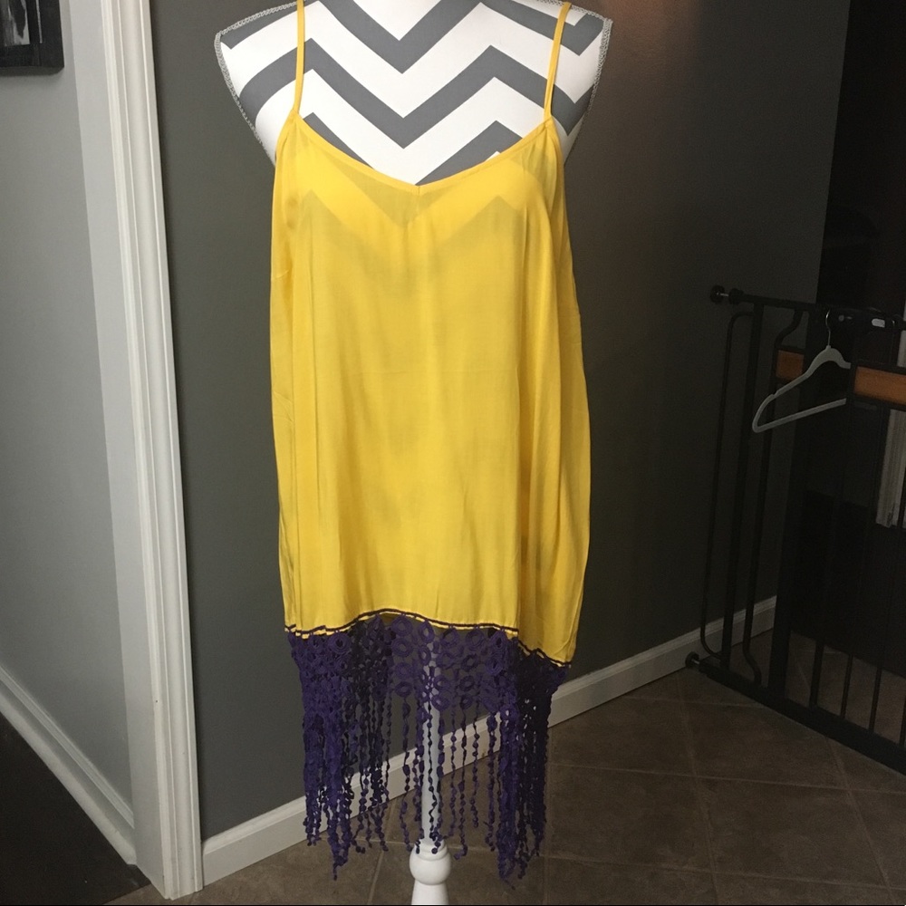 NWT Purple and Gold Open Back Fringe Top